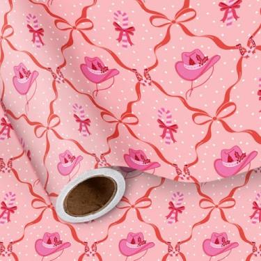 Imagem de LeZakaa Rolo de papel de embrulho de Natal cowgirl, laço rosa, design de chapéu de vaqueira, para Natal, festas, para meninas, crianças, mulheres, mini rolo 43 x 16,4 pés