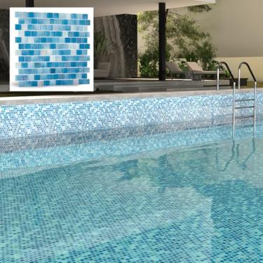 Imagem de Adedeo Azulejo de mosaico de vidro, gradiente 3D, azul claro, 30,5 x 30,5 cm, azulejo de vidro brilhante para piscina, duche, fonte de água, spa, parede (pacote com 5 unidades, 5 m²)