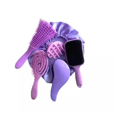 Imagem de Kit 05 Escova Flex com Raquete Fashion Escova Mágica Massageador de Silicone e Touca de Cetim (Lilás)