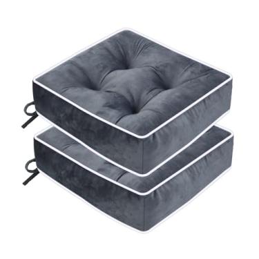 Imagem de ERWUDEling Conjunto de 2 almofadas de cadeira de exterior tufadas à prova d'água - 48 x 48 x 12 cm de espessura com laços para móveis de gramado, vime e jardim, cinza