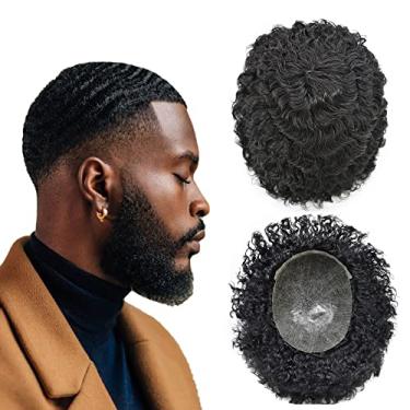 Imagem de Generic Peruca Afro Curly Hair Unit for Black Men Kinky Curly Human 8X10 Injection Pu Afro American Men's Wig Hair System Replacement 12mm #1 Jet Black