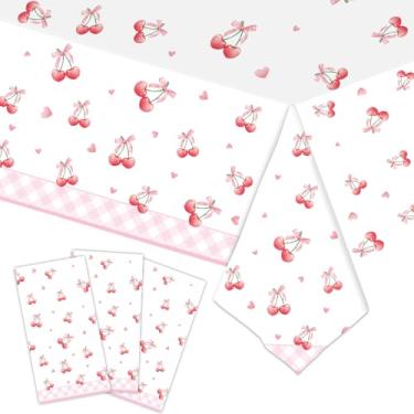 Imagem de Alainzeo Capas de mesa de plástico cerejeira, pacote com 3 – 137 x 274 cm, toalhas de mesa de festa descartáveis à prova d'água com design de cereja fresca para verão, aniversário de meninas