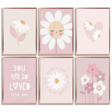 Imagem de 6 peças de arte de parede em tela floral rosa meninas berçário margarida flores silvestres impressões pinturas boho quarto infantil decoração de parede fotos para meninas sala de estar quarto
