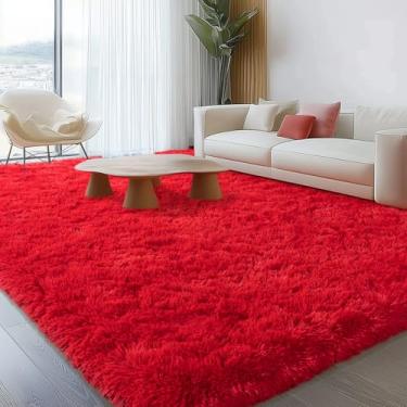 Imagem de Tapetes de área grande 20 x 25 cm para sala de estar, tapete felpudo vermelho macio para quarto de meninas, tapete felpudo moderno antiderrapante, tapetes grandes e felpudos para berçário, quarto