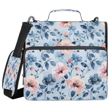 Imagem de YEGAME Fichário com zíper à prova d'água de flor azul com alça de ombro, 3 anéis com design plano e vários compartimentos para escola e escritório, adultos e crianças