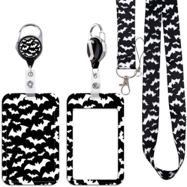Imagem de BKBKAAK Cordões pretos de morcego para crachás de identificação, suporte gótico com clipe de carretel retrátil resistente e cordão de pescoço macio, cordão de morcego legal com chaveiro para mulheres