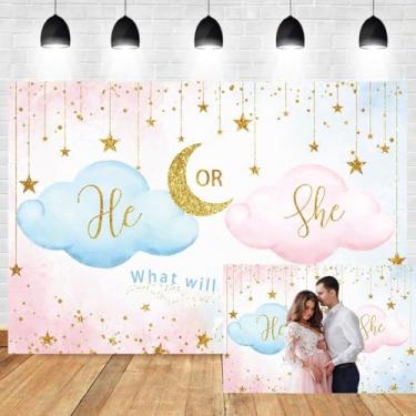 Imagem de Leyiyi 2,1 x 1,5 m fundo revelador de gênero dourado granulado rosa e azul nuvem Ele ou ela What Will Baby Be Fotografia Fundo Dourado Estrela Lua Recém-nascido Revelar Festa Bolo Decoração de Mesa