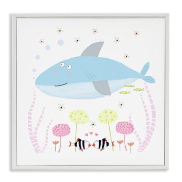Imagem de Stupell Industries Baby Shark & Flowers Arte giclée emoldurada branca, design por Carla Daly, 61 x 61 cm