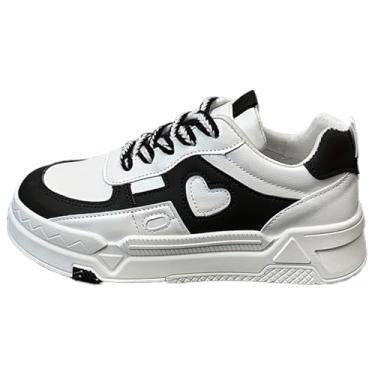 Imagem de Y2K Tênis feminino moderno cano baixo plataforma bloco de cores grossas para mulheres com coração amor tênis de caminhada, Preto, 38