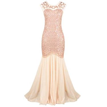 Imagem de PrettyGuide Vestido longo de gala anos 20 com lantejoulas pretas Gatsby, Coral Pink, 14-16