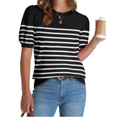 Imagem de Suéter WIHOLL de manga curta de manga curta para mulheres preto e bran