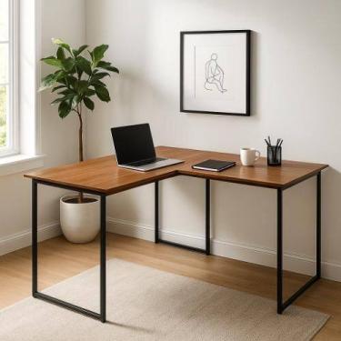 Imagem de Mesa Em L Industrial Pés De Ferro Para Escritório 120x90cm Estudos Tra