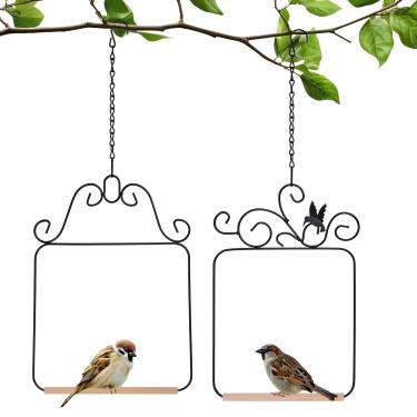Imagem de 2pcs Balanços e Poleiros Beija-Flor, Balanço Pássaro Estrutura Metal com Hastes Madeira e Correntes Suspensas Acessórios Gaiola Pássaros para Jardim Pátio Tronco Galho Árvore Decoração (Preto)
