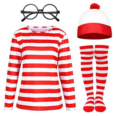 Imagem de Fanskaty Camiseta listrada vermelha e branca de manga comprida para adultos, homens e mulheres, fantasias de casal, moletom engraçado cosplay, Feminino, XX-Large