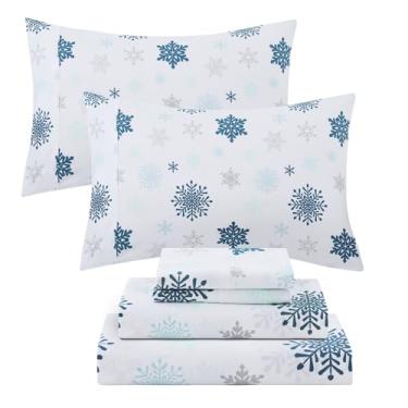 Imagem de Viviland Lençóis Queen de Natal 100% algodão, percal refrescante, floco de neve, roupa de cama macia e aconchegante de inverno