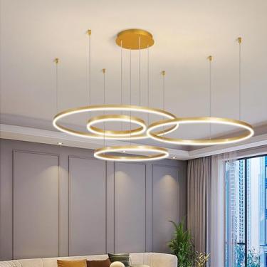 Imagem de Modernas luzes pendentes de anel LED, lustre de alumínio regulável para sala de estar com controle remoto, luzes de teto para sala de jantar, luminária suspensa de metal e acrílico, lâmpadas