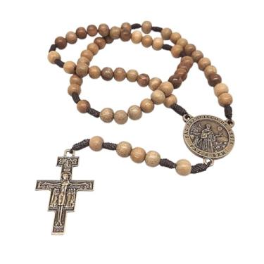 Imagem de Terço Missão São Francisco De Assis em Madeira Imbuia, Contas 8mm, Medalha 2.7cm, Crucifixo 3.8cm, Acabamento Ouro Velho