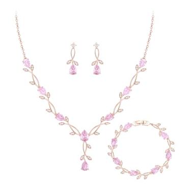 Imagem de Crysdue Conjunto de joias de casamento para noivas, damas de honra, zircônia cúbica deslumbrante lágrima marquesa folha aglomerado pingente colar nupcial tênis pulseira brincos conjunto para mulheres