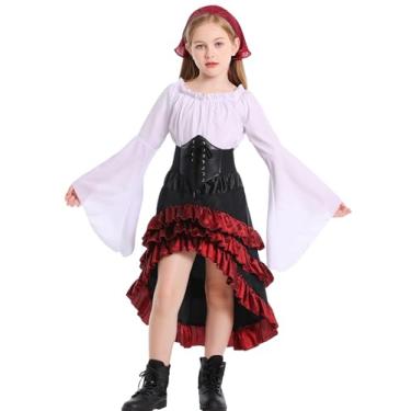 Imagem de SEAUR Saia de pirata renascentista para meninas com camisa medieval renascentista de manga comprida espartilho cinto lenço de cabeça, Branco, 10-12 Years