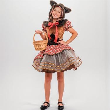 Imagem de Fantasia Infantil Feminina de Lobinha Lobo de Luxo com Vestido Xadrez Rodado e Capuz com Pelinhos (Marrom e Vermelho, P 5-6)
