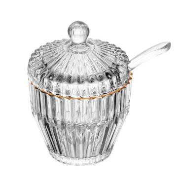Imagem de Açucareiro de Cristal Canelado C/Colher Plástica Imperatriz C/Fio de Ouro 11x8cm Wolff