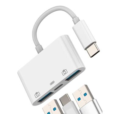 Imagem de Adaptador USB C para USB 3.0 duplo (3 em 1) para iPhone 16 Pro Max, compatível com Samsung S24/S23, MacBook, para iPad, laptop, PC - Conexão USB-C para USB 3.0, transferência de dados, carregamento