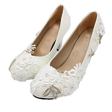 Imagem de Bigfanshu Sandálias femininas de salto alto branco sapatos de noiva tamanho grande sandálias femininas bico aberto tira no tornozelo salto plataforma sapatos de verão, Branco, 40 BR