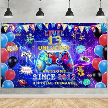 Imagem de Decorações de aniversário de 13 anos de videogame - Pano de fundo de banner de festa de jogos desbloqueado nível 13 com placa oficial de adolescente, fundo de vinil grande para artigos de festa de