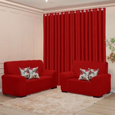 Imagem de Kit Sala Cortina 3m e Capa de Sofá Coladinha 2 e 3 Lugares e 4 Almofad