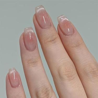 Imagem de Conjunto de unhas postiças curtas médias quadradas ombré nude com design de olho de gato, cobertura completa, cola em bastão falso artificial em unhas de acrílico para mulheres, 24 peças