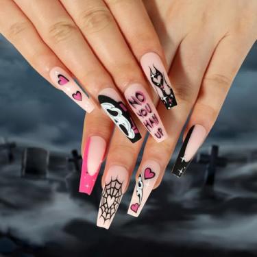 Imagem de Kit de unhas de pressão médio longo caixão Halloween preto rosa cola falsa conjunto de unhas com design de coração de teia de aranha fantasma cobertura completa bastão falso artificial em unha de
