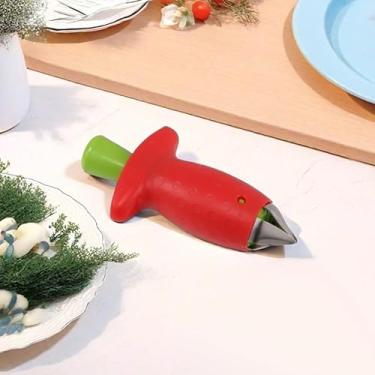 Imagem de Generic Removedor de haste de descascador de morango, vermelho, aço inoxidável e ABS, 9 x 4,8 cm, descaroçador de frutas multifuncional