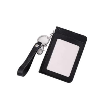 Imagem de Bolsa de cartão com cordão de mão, bolsa com zíper, porta-crachá, estojo de cartão de poliuretano, material de escritório (preto), Preto, Casual