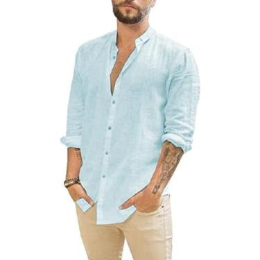Imagem de Camisa masculina JEKAOYI: algodão, linho, manga comprida, azul menta