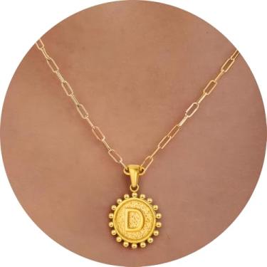 Imagem de Colar com inicial para mulheres, colar com pingente de letra, corrente de clipe de papel, joia de monograma, moeda do alfabeto, pronto em camadas, 14+2in, Aço inoxidável, Sem Pedra Preciosa