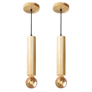 Imagem de Kit 2 Pendentes Luminária Cilindro Tubo Madeira Maciça 1M
