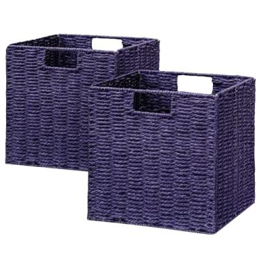 Imagem de Vagusicc Cesta de armazenamento de vime, conjunto de 2 cestas de vime de corda de papel tecidas à mão, caixas de armazenamento de cubos dobráveis, cestas quadradas de armazenamento de 23 cm para