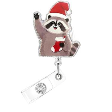 Imagem de Carretel de crachá de Natal, lindo crachá de acrílico de guaxinim para crachá de identificação, chapéu de Natal, suporte retrátil telescópico, clipe de jacaré, acessórios para enfermeiras