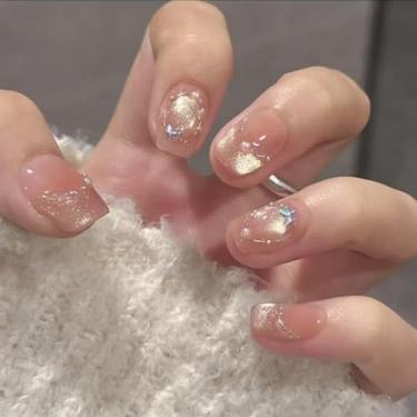 Imagem de Pressionar unhas curtas quadradas francesas olho de gato com cola falsa com design requintado de borboleta pérolas, cobertura total, bastão falso artificial em unha de acrílico para mulheres, 30 peças