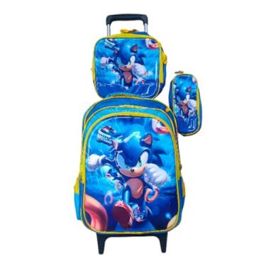 Imagem de Kit Mochila Sonic 3D em Alto Relevo com Rodinhas + Lancheira Térmica + Estojo Escolar Infantil Azul e Amarelo