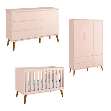 Imagem de Jogo De Quarto Para Bebê Completo 3 Portas Théo New Rosa Fosco Com Madeira - Reller