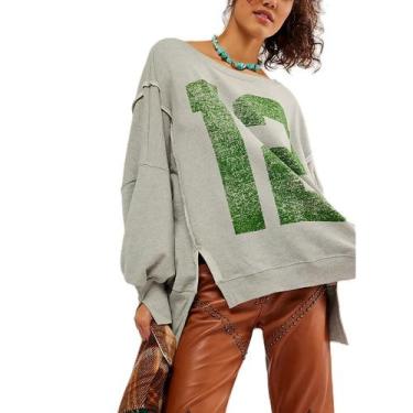 Imagem de Moletom feminino Amiblvowa com gola redonda, grande, Y2k, cinza claro,