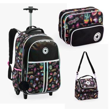 Imagem de Kit Mochila De Rodinhas Juvenil Escolar Com Lancheira E Estojo Love-Unissex