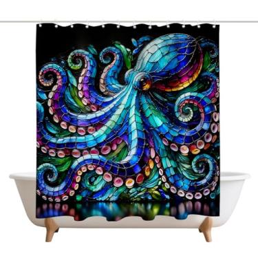 Imagem de XMWYTJ Cortinas de chuveiro de polvo de vitral, decoração de porta de celeiro, tecido de poliéster, à prova d'água, conjunto de cortinas de banheiro com 12 ganchos, 180 x 189 cm