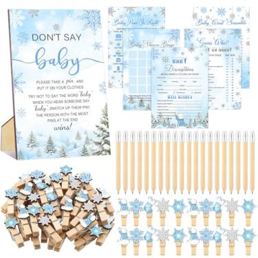 Imagem de Patelai Jogo de chá de bebê com floco de neve azul, 321 peças, conjunto de 5 unidades inclui 50 cartões de atividades, 20 lápis, 1 placa de bebê Don't Say 50 prendedor de roupa para decoração de festa