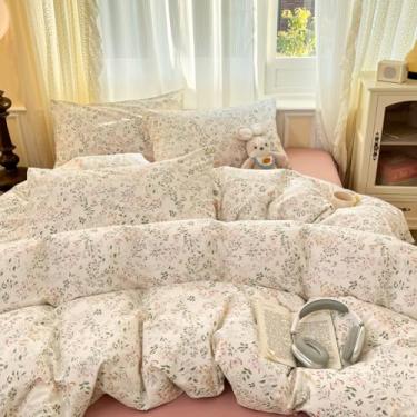 Imagem de CCoutueChen Conjunto de capa de edredom floral, Queen, bege, 100% algodão, para meninas, crianças, jardim, botânico, folhas verdes, macio, respirável, flor, borboleta, roupa de cama com 2 fronhas (sem