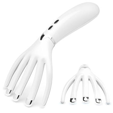 Imagem de Pente massageador elétrico vibratório para couro cabeludo, recarregável com função de aquecimento, design de aderência na palma da mão, fácil operação, plástico branco ideal para relaxamento de cabelo