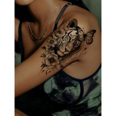 Imagem de Black Overlord Tigre Floral Borboleta Realista Tatuagens Temporárias Presente de Festa Braço Pernas Peito Corpo Abdominal Temporário Impermeável Tatuagem Adesivo 1 Pacote