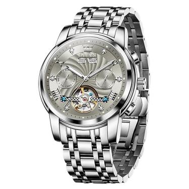 Imagem de OLEVS Relógios mecânicos automáticos masculinos luxuosos, relógio de pulso de diamante, prata, cinza, esqueleto, turbilhão, aço inoxidável