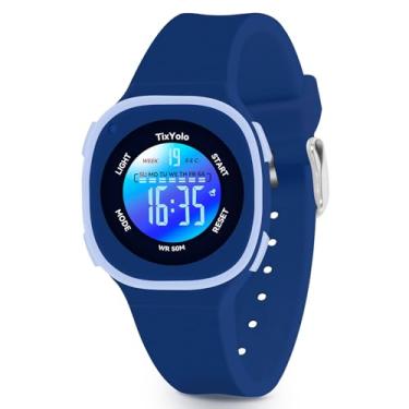 Imagem de TixYolo Relógio digital infantil com 7 luzes coloridas à prova d'água, alarme, cronômetro, pulseira macia, presente para crianças, relógio esportivo para meninos e meninas de 5 a 12 anos, Azul escuro